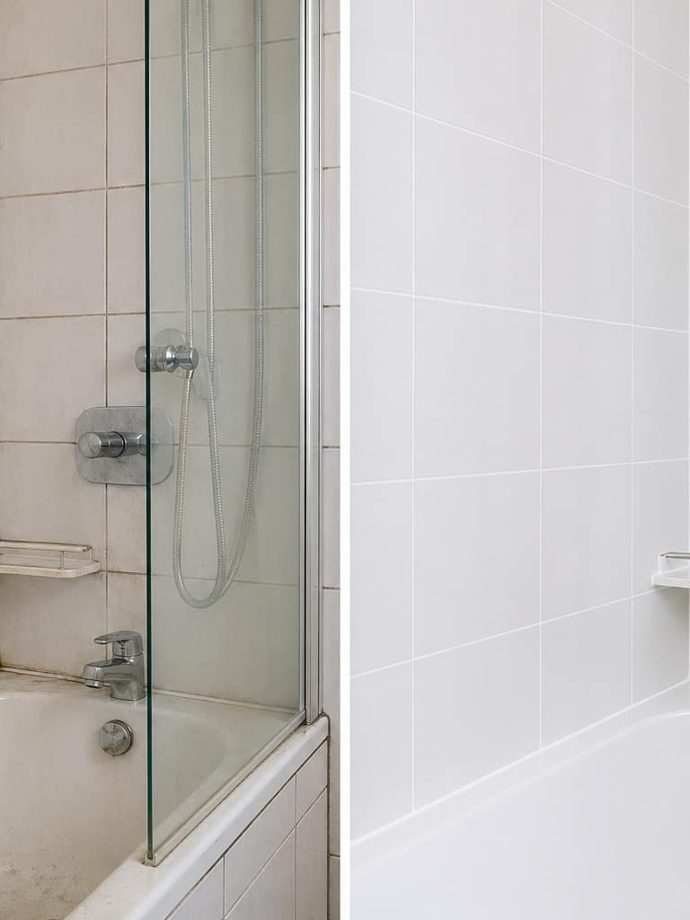 Bathroom before reset with tired silicone and limescale marks