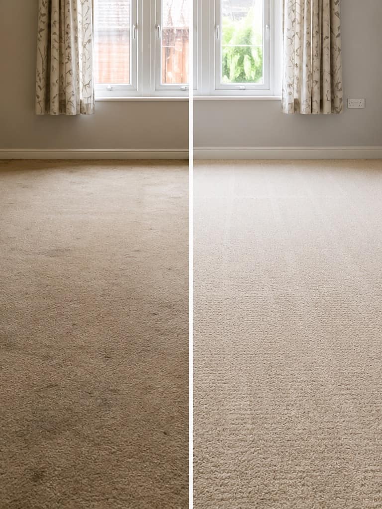 Carpet before extraction with tired rental flooring