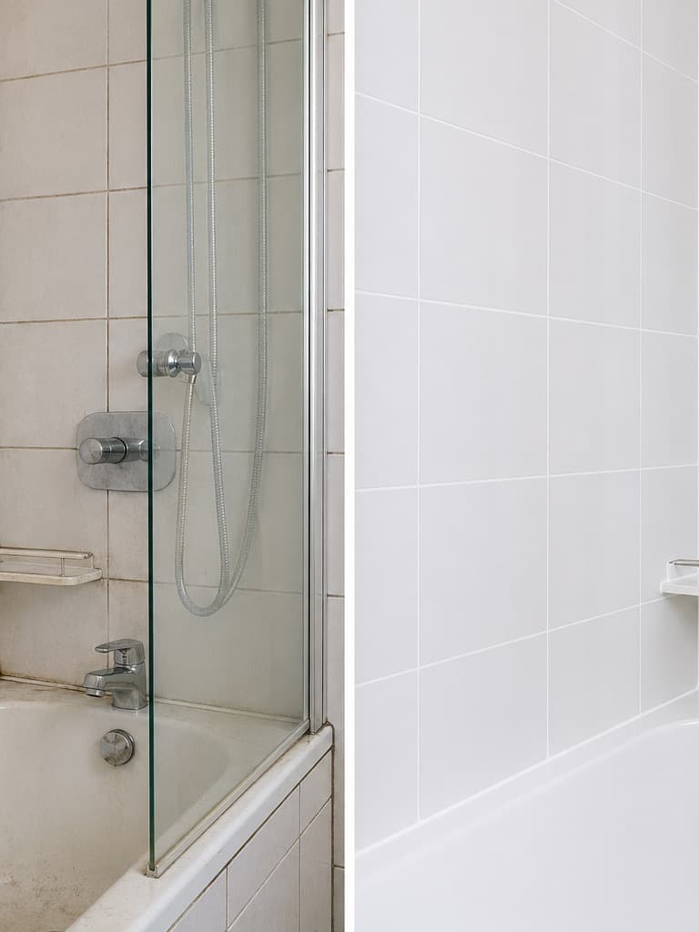 Bathroom before reset with tired silicone and limescale marks